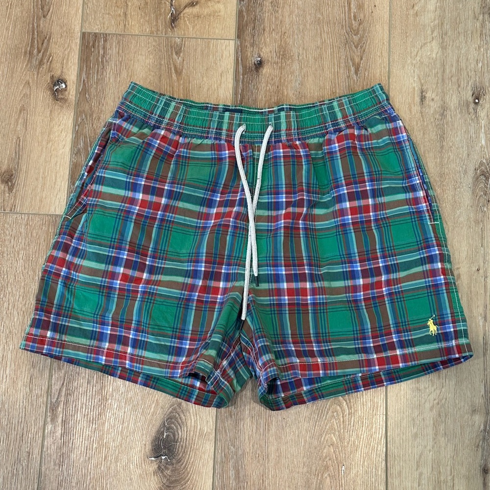 VTG Polo Ralph Lauren Swim Short Mens Trunks Large Plaid Pony Logo Lined Preppy